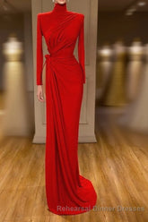 Glamorous High Neck Long Sleeve Red Semi Formal Prom Dress Long With Split
